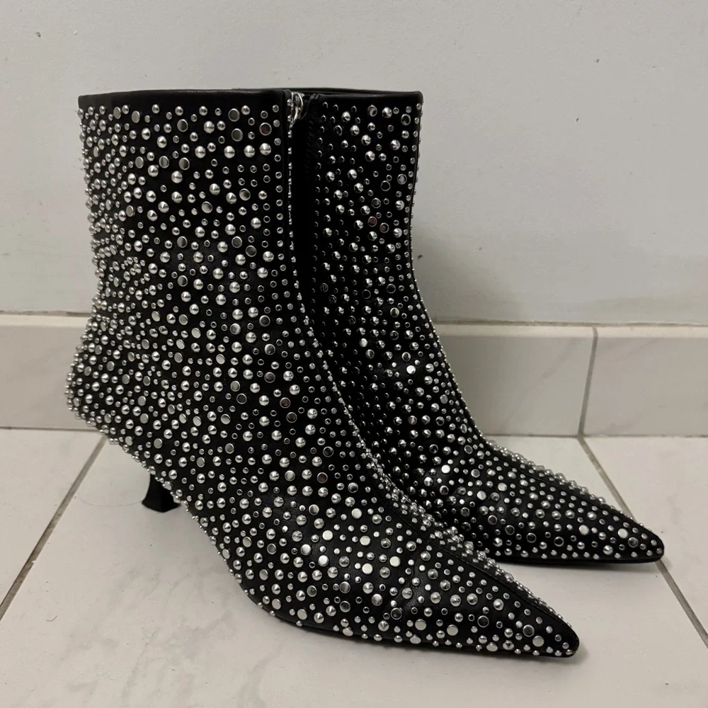 Zara Black Studded  Heeled Ankle Boots - Size 8 - Picture 7 of 16